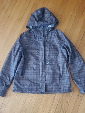 Snap Plaid Hooded Varsity Jacket in Gray and Brown